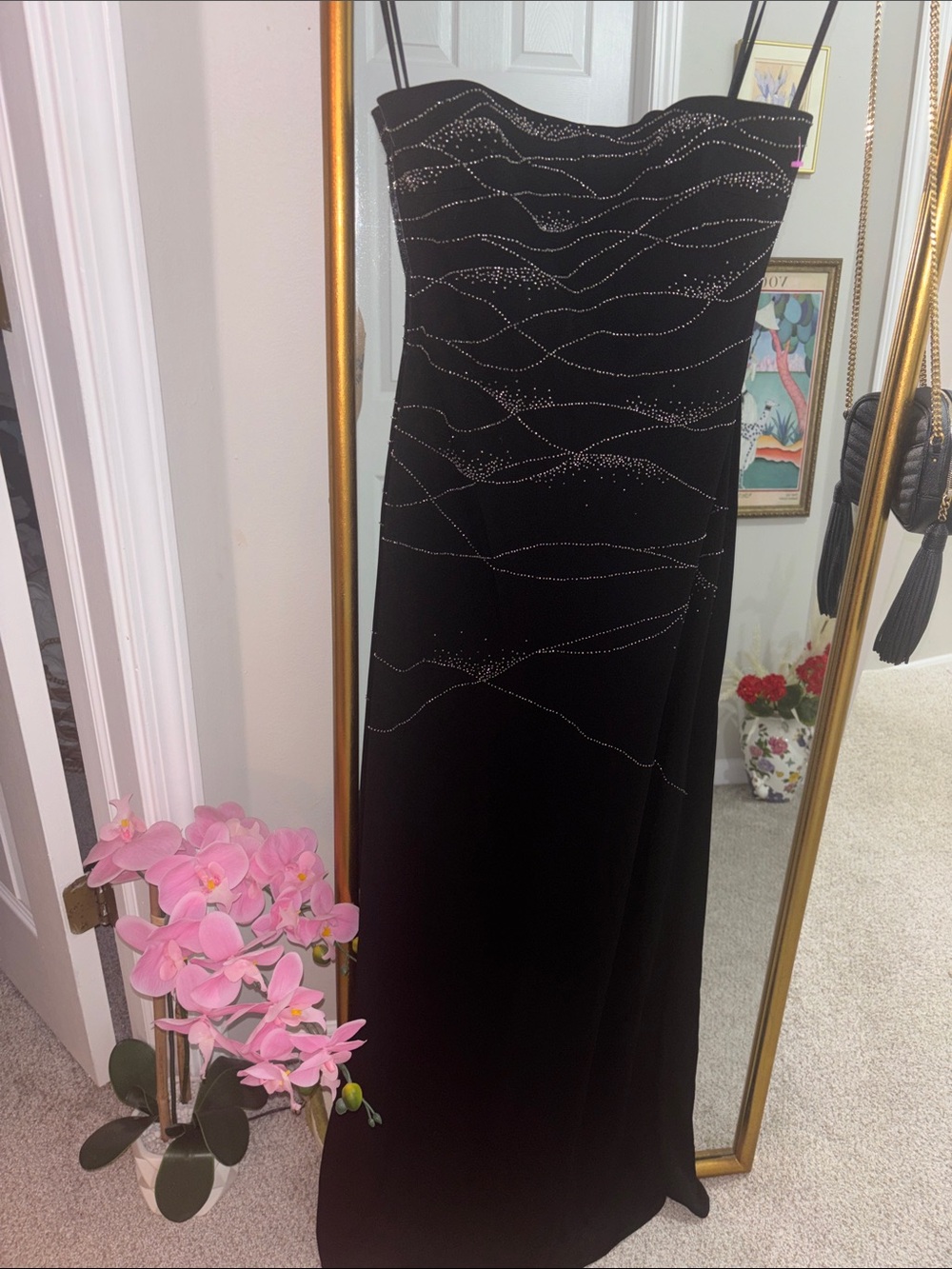Cache Black Strapless Evening Gown with Rhinestone Wave Detail